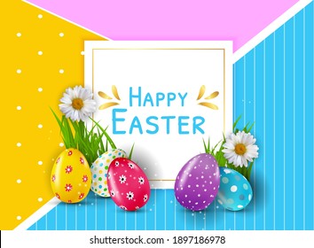 Easter poster template with 3d realistic  Easter eggs.  Template for advertising, poster, flyer, greeting card.  Vector Illustration