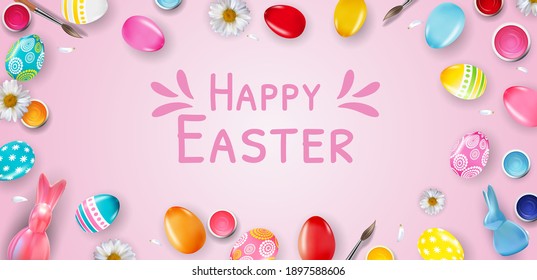 Easter poster template with 3d realistic  Easter eggs.  Template for advertising, poster, flyer, greeting card.  Vector Illustration