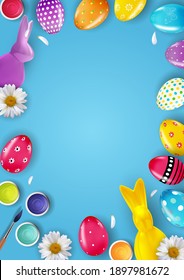 Easter poster template with 3d realistic  Easter eggs.  Template for advertising, poster, flyer, greeting card.  Vector Illustration