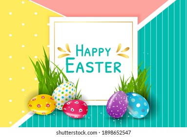 Easter poster template with 3d realistic  Easter eggs.  Template for advertising, poster, flyer, greeting card.  Vector Illustration