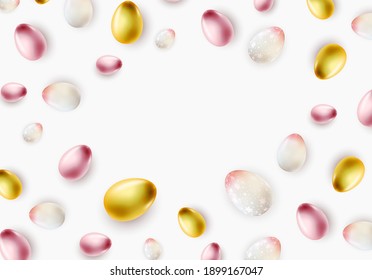 Easter poster template with 3d realistic  Easter eggs.  Template for advertising, poster, flyer, greeting card.  Vector Illustration