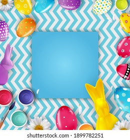 Easter poster template with 3d realistic  Easter eggs and empty frame.  Template for advertising, poster, flyer, greeting card.  Vector Illustration