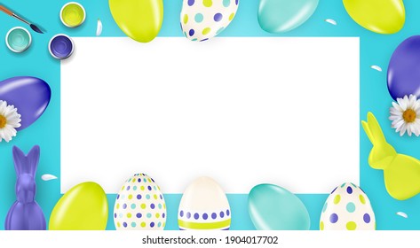 Plantilla de afiches de Pascua con huevos de Pascua 3d realistas y pintura.  Plantilla para publicidad, afiche, volante, tarjeta de saludo.  Ilustración vectorial
