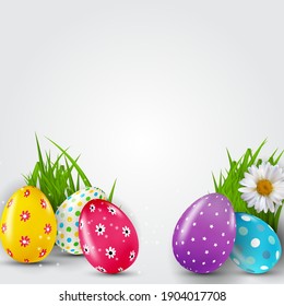 Easter poster template with 3d realistic  Easter eggs and paint.  Template for advertising, poster, flyer, greeting card.  Vector Illustration
