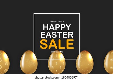Easter poster template with 3d realistic golden Easter eggs.  Template for advertising, poster, flyer, greeting card.  Vector Illustration