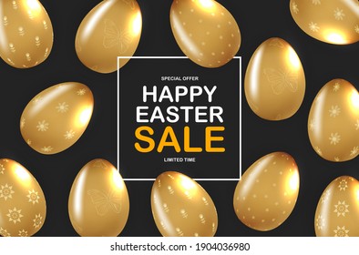Plantilla de afiches de Pascua con huevos de Pascua 3d realistas.  Plantilla para publicidad, afiche, volante, tarjeta de saludo.  Ilustración vectorial