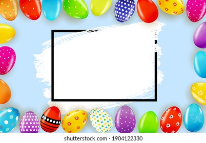 Plantilla de afiches de Pascua con huevos de Pascua 3d realistas y pintura.  Plantilla para publicidad, afiche, volante, tarjeta de saludo.  Ilustración vectorial