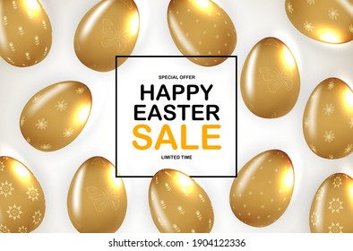 Plantilla de afiches de Pascua con huevos de Pascua 3d realistas.  Plantilla para publicidad, afiche, volante, tarjeta de saludo.  Ilustración vectorial