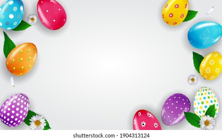 Easter poster template with 3d realistic  Easter eggs and paint.  Template for advertising, poster, flyer, greeting card.  Vector Illustration