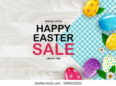 Easter poster template with 3d realistic golden Easter eggs.  Template for advertising, poster, flyer, greeting card.  Vector Illustration