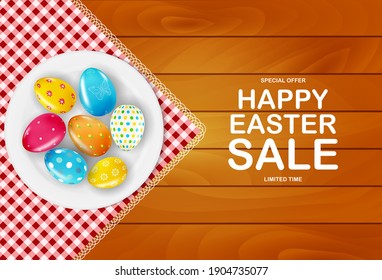 Easter poster template with 3d realistic golden Easter eggs.  Template for advertising, poster, flyer, greeting card.  Vector Illustration