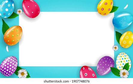 Osterplakatvorlage mit 3d realistischen Ostereiern und Farbe.  Vorlage für Werbung, Poster, Flyer, Grußkarte.  Vektorgrafik