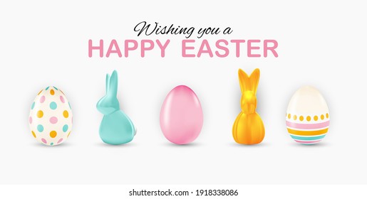 Easter poster template with 3d realistic  Easter eggs and paint.  Template for advertising, poster, flyer, greeting card.  Vector Illustration