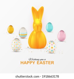 Easter poster template with 3d realistic  Easter eggs and paint.  Template for advertising, poster, flyer, greeting card.  Vector Illustration