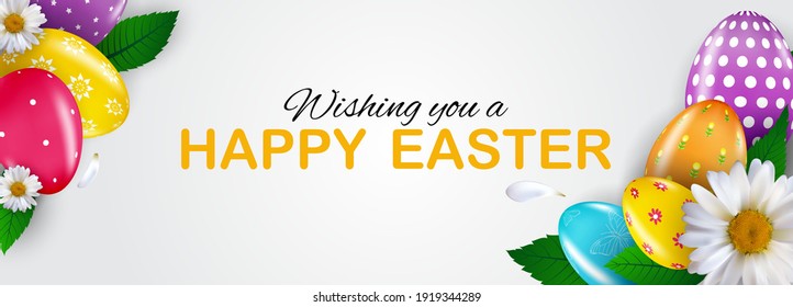 Easter poster template with 3d realistic  Easter eggs and paint.  Template for advertising, poster, flyer, greeting card.  Vector Illustration