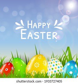 Easter poster template with 3d realistic eggs, spring background.  Template for advertising, poster, flyer, greeting card.  Vector Illustration EPS10