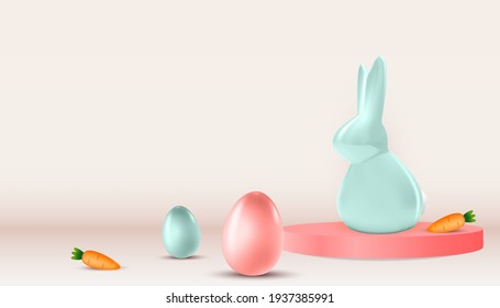 Easter poster template with 3d realistic  Easter eggs, bunny and Carrot. Template for advertising, poster, flyer, greeting card. Vector Illustration EPS10