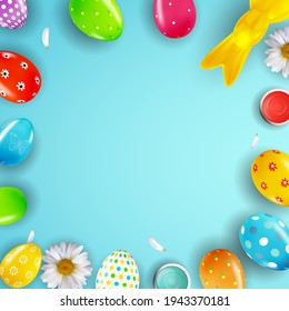 Easter poster template with 3d realistic eggs, paint.  Template for advertising, poster, flyer, greeting card.  Vector Illustration EPS10