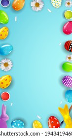 Easter poster template with 3d realistic eggs, paint.  Template for advertising, poster, flyer, greeting card.  Vector Illustration EPS10