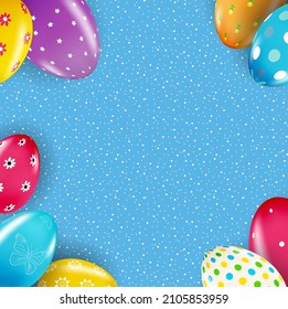 Easter poster template with 3d realistic  Easter eggs.  Template for advertising, poster, flyer, greeting card.  Vector Illustration