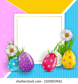 Easter poster template with 3d realistic  Easter eggs.  Template for advertising, poster, flyer, greeting card.  Vector Illustration