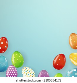 Easter poster template with 3d realistic  Easter eggs.  Template for advertising, poster, flyer, greeting card.  Vector Illustration