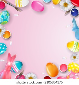 Easter poster template with 3d realistic  Easter eggs.  Template for advertising, poster, flyer, greeting card.  Vector Illustration