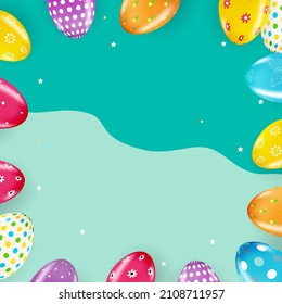 Easter poster template with 3d realistic  Easter eggs.  Template for advertising, poster, flyer, greeting card.  Vector Illustration