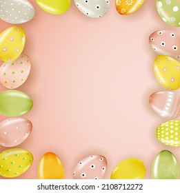 Easter poster template with 3d realistic  Easter eggs.  Template for advertising, poster, flyer, greeting card.  Vector Illustration