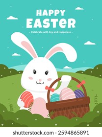 Easter poster template with bunny holding a basket of eggs. Happy Easter poster template with meadow and rabbit