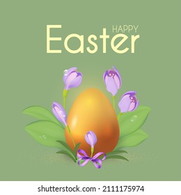 Easter poster template with crocus flowers and egg. Holiday design