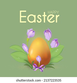 Easter poster template with crocus flowers and egg. Holiday design