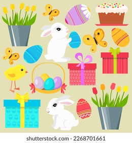 Easter poster template with Easter eggs and cute bunny on yellow background with tulips and gifts. Greetings and presents for Easter Day with traditional attributes. International spring holiday