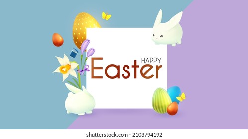 Easter poster template with flowers, eggs and bunny. Holiday design