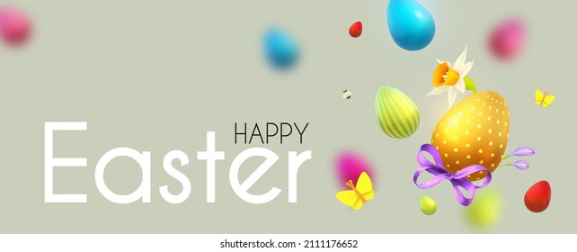 Easter poster template with flowers, eggs, butterflies and bow. Holiday design