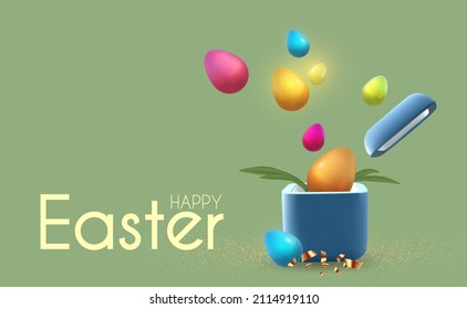 Easter poster template with flowers, eggs, gift box and bunny. Holiday design
