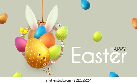 Osterplakatvorlage mit Blumen, Eiern und Hase. Urlaubsgestaltung