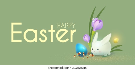 Easter poster template with flowers, eggs and bunny. Holifay design