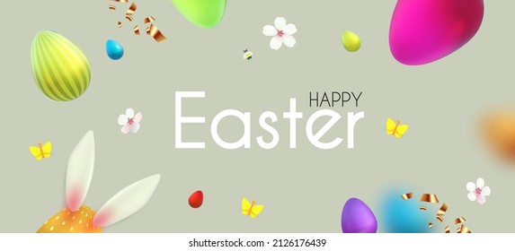 Easter poster template with flowers, eggs and bunny. Holiday design