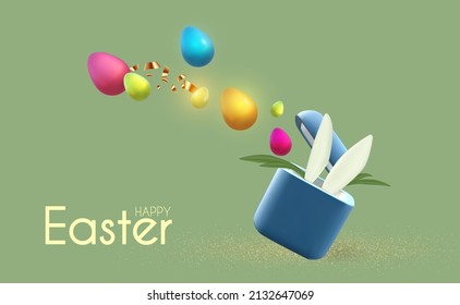 Easter poster template with flowers, eggs, gift box and bunny. Holiday design