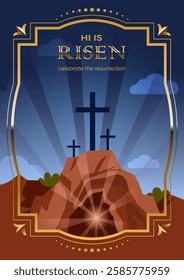 Easter poster, template for holiday decoration for Christian community. Christian cross of Calvary in vintage golden frame and text. Vector illustration