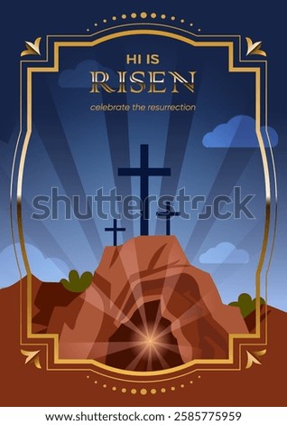 Easter poster, template for holiday decoration for Christian community. Christian cross of Calvary in vintage golden frame and text. Vector illustration