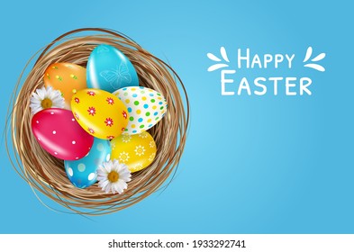 Easter poster template set with 3d realistic  Easter eggs in nest.  Template for advertising, poster, flyer, greeting card. Vector Illustration EPS10