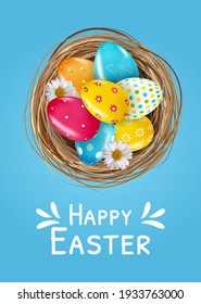 Easter poster template set with 3d realistic  Easter eggs in nest.  Template for advertising, poster, flyer, greeting card. Vector Illustration EPS10