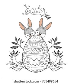 easter poster with two easter bunnies behind of easter egg with floral decoration in monochrome silhouette