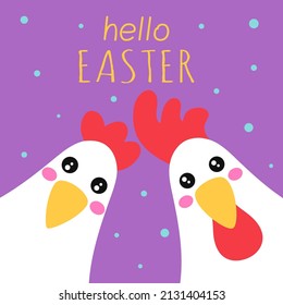 easter poster with two cute chicken, holiday greeting card with funny hens in flat style, vector illustration