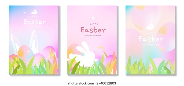 Easter poster vector background. Modern Abstract gradient design set with easter eggs, rabbit. Trendy Easter design for ads, sale, cover, website, banner and greeting card.
