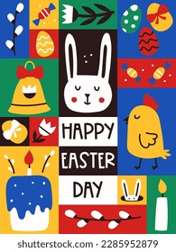 Easter poster. Vertical graphic poster with cute freehand minimalistic symbols of Easter. Greeting card for web, wall design. Bright contrast colors. Flat vector illustration on color background