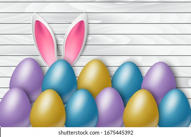 Easter poster. Wooden background with colorful eggs and bunny ears. Vector illustration.