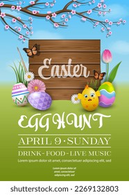 easter poster with wooden signboard and colorful eggs on spring background. egg hunt flyer with flowers and easter eggs